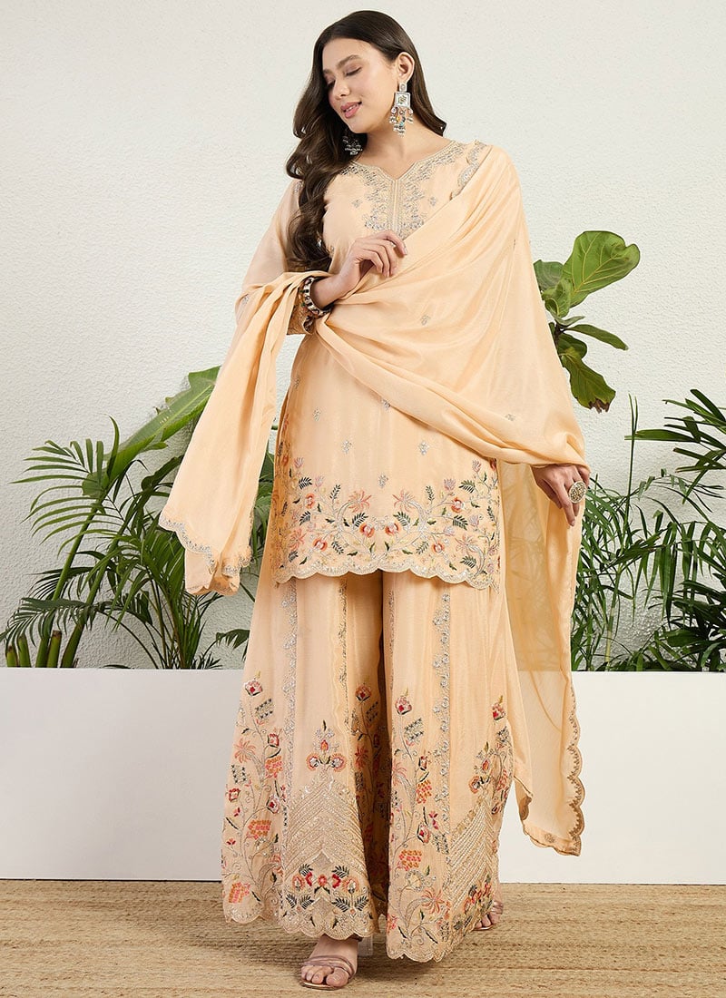 Sophisticated Cream Chinon Embroidered Sequins Palazzo Suit Festive Wear