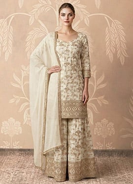 Sophisticated Cream Dola Silk Jacquard Sequins Sharara Suit