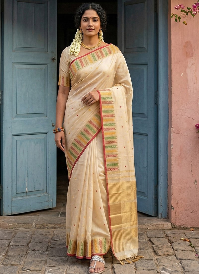 Sophisticated Cream Silk Blend Zari Jacquard Saree Festive Wear