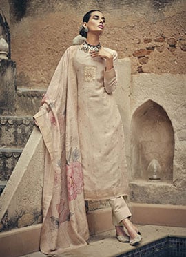 Sophisticated Cream Silk Cotton Woven Designer Digital Printed Straight Pant Suit