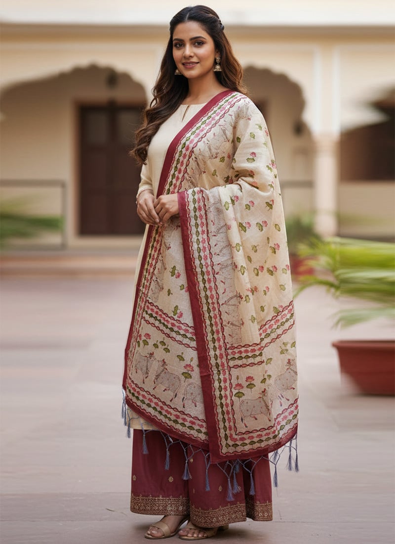 Sophisticated Cream Silk Digital Print Dupatta After Six Wear