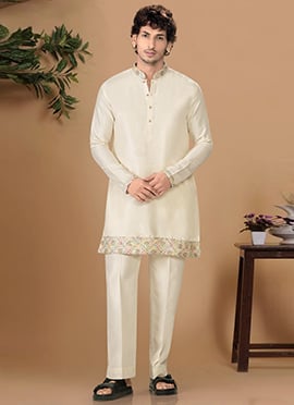 Sophisticated Cream Silk Sequins Kurta Pyjama