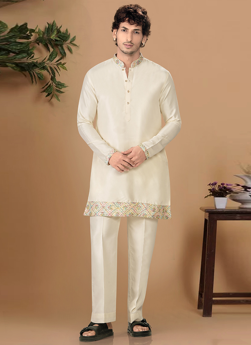 Sophisticated Cream Silk Sequins Kurta Pyjama Festive Wear