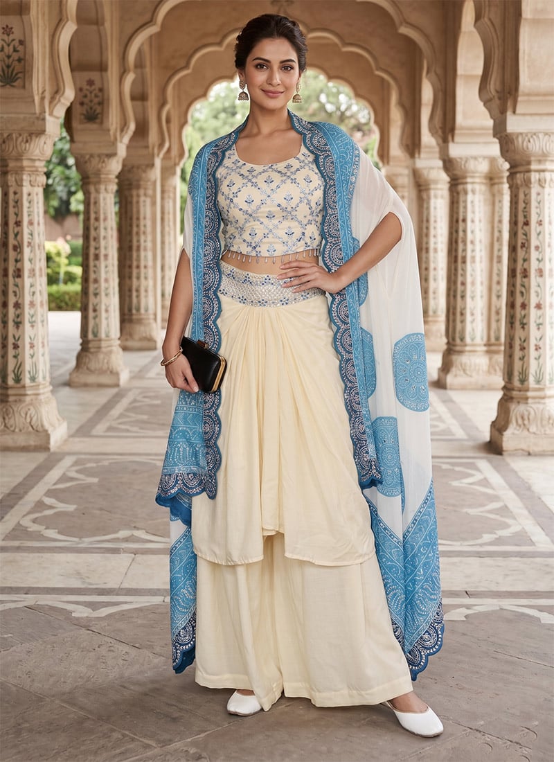Sophisticated Cream Soft Crepe Silk Embroidery Sequins IndoWestern Set And Suit After Six Wear