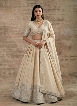 Sophisticated Cream Super Satin Silk Sequins Zari Embroidered Resham Thread Umbrella Lehenga