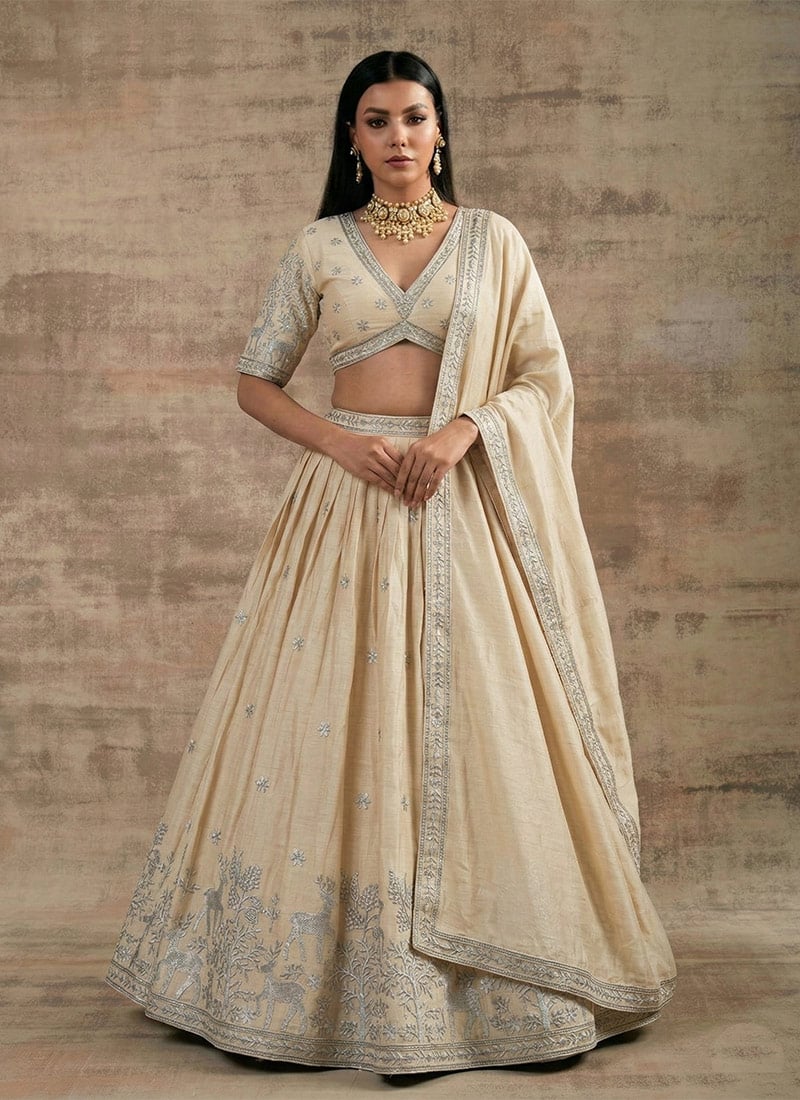Sophisticated Cream Super Satin Silk Sequins Zari Embroidered Resham Thread Umbrella Lehenga Wedding Wear