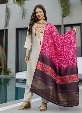 Sophisticated Cream Viscose Shimmer Embroidered Printed Straight Pant Suit