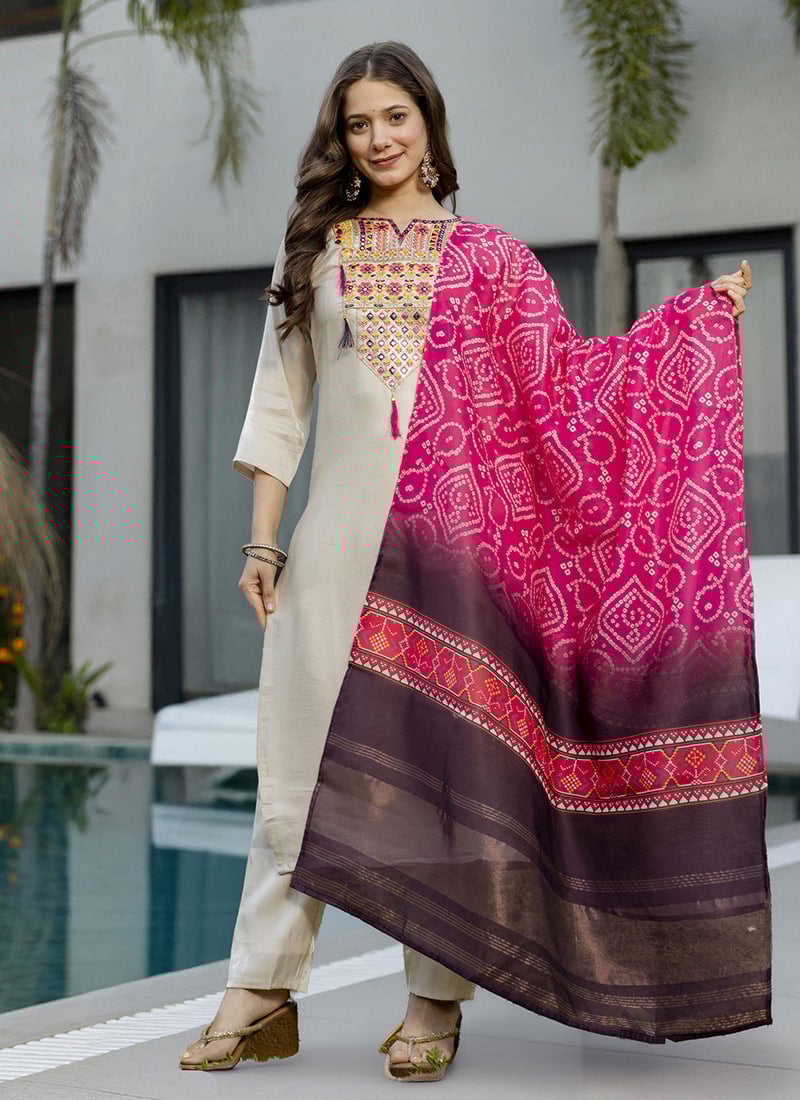 Sophisticated Cream Viscose Shimmer Embroidered Printed Straight Pant Suit After Six Wear