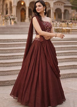 Sophisticated Dark Brown Rangoli Silk Multicolor Floral Embroidery With Thread Work Umbrella Lehenga