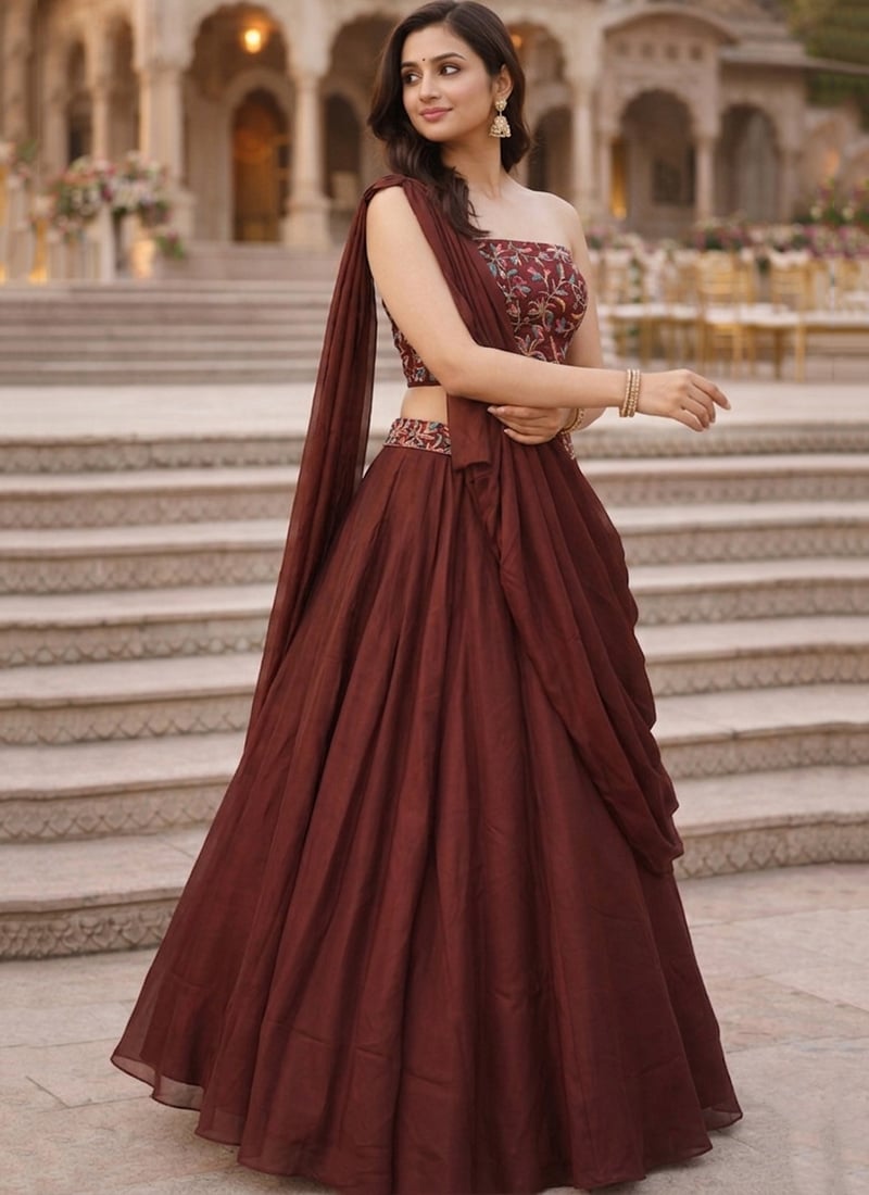 Sophisticated Dark Brown Rangoli Silk Multicolor Floral Embroidery With Thread Work Umbrella Lehenga After Six Wear