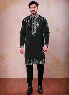 Sophisticated Dark Green Armani Embroidered Thread Mirror Work Kurta Pyjama