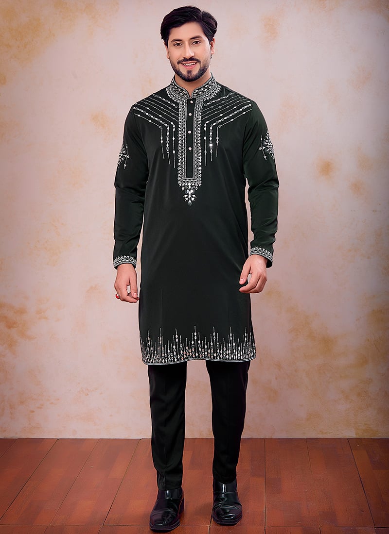 Sophisticated Dark Green Armani Embroidered Thread Mirror Work Kurta Pyjama Festive Wear
