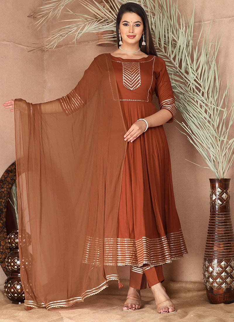 Sophisticated Dark Peach Anarkali Suit With Gota Work Evening After Six Wear