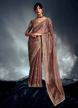 Sophisticated Gold Brown Tissue Moti Sequins Saree Wedding Wear