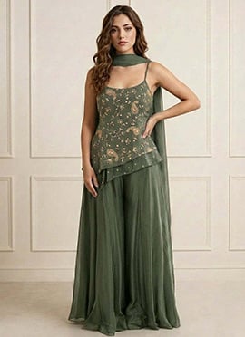 Sophisticated Green Art Silk Embroidered Palazzo Suit