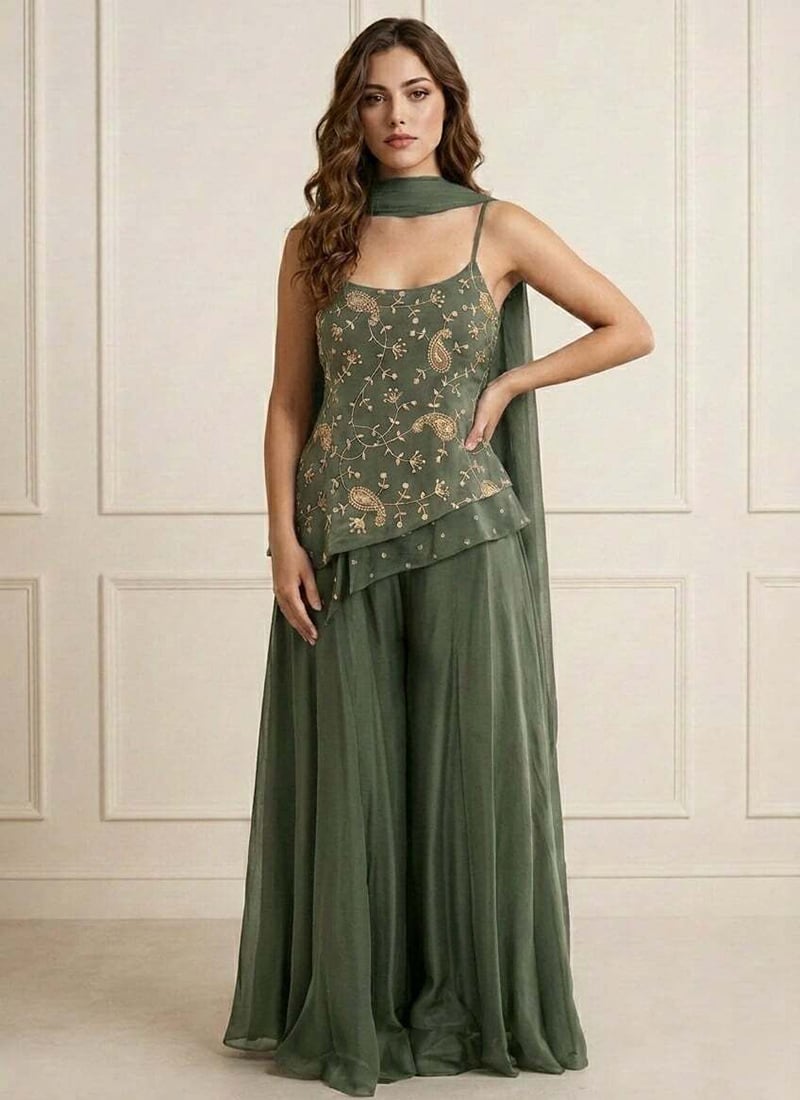 Sophisticated Green Art Silk Embroidered Palazzo Suit Festive Wear
