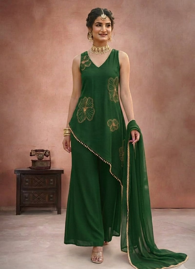 Sophisticated Green Faux Georgette Beads Hand Embroidered Palazzo Suit Festive Wear
