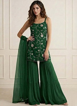 Sophisticated Green Faux Georgette Embroidered Sharara Suit