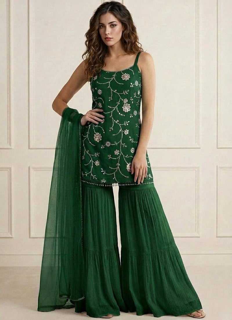 Sophisticated Green Faux Georgette Embroidered Sharara Suit Festive Wear