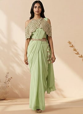 Sophisticated Green Faux Georgette Sequins Stones Hand Embroidered Saree