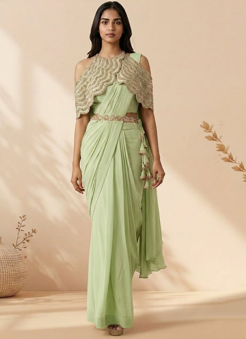 Sophisticated Green Faux Georgette Sequins Stones Hand Embroidered Saree Wedding Wear