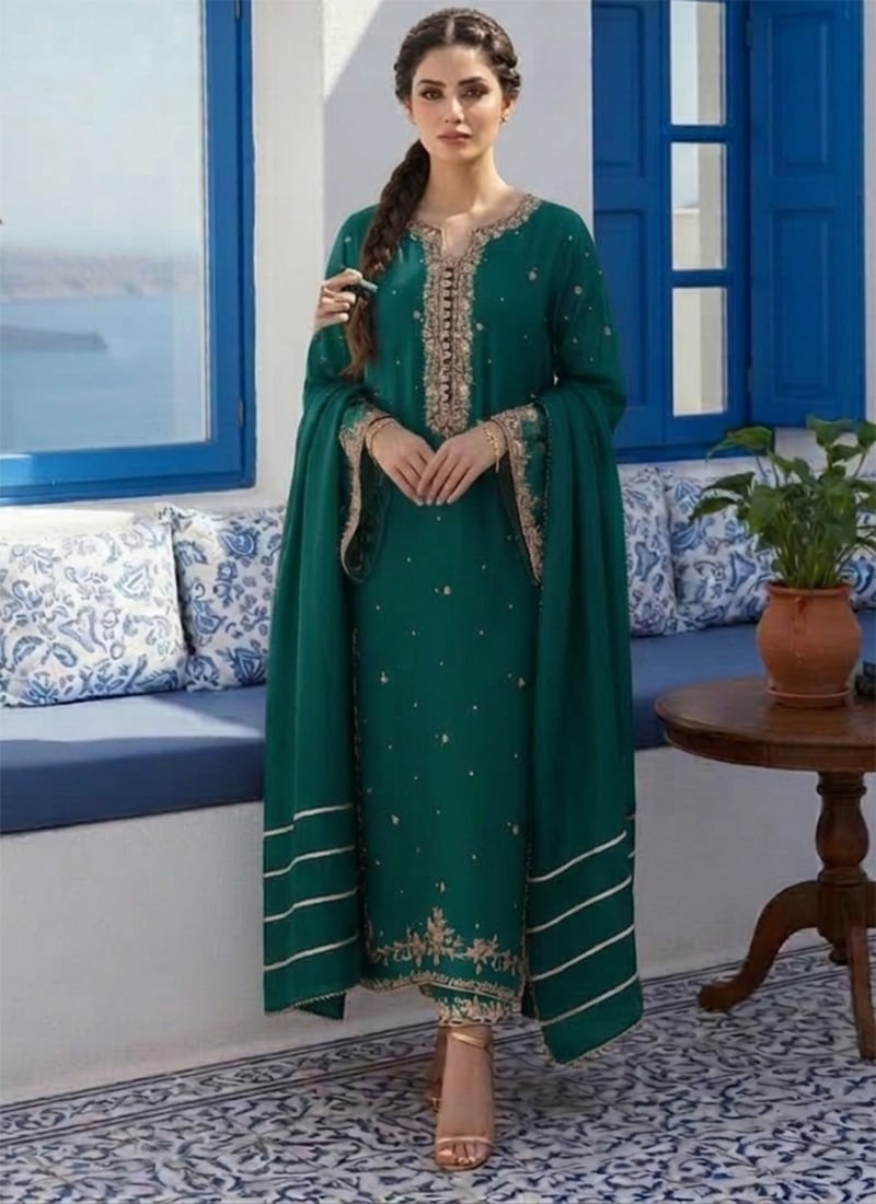 Sophisticated Green Georgette Zari Sequins Straight Pant Suit Festive Wear