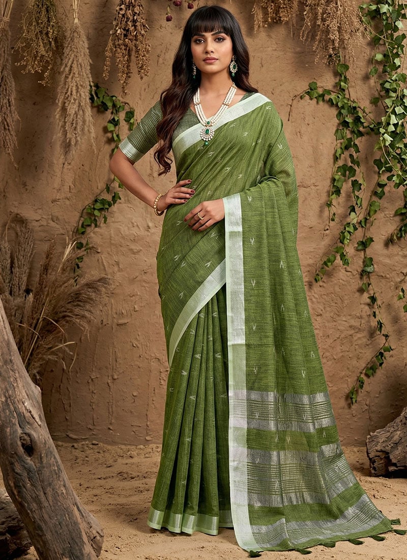 Sophisticated Green Linen Cotton Zari Woven Saree Festive Wear