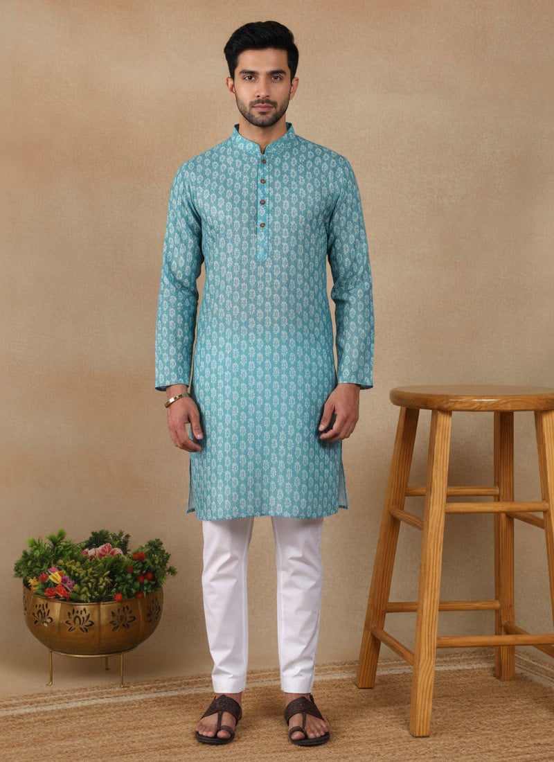 Sophisticated Green Linen Printed Kurta Pyjama Festive Wear
