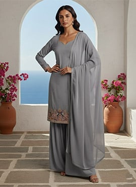 Sophisticated Grey Georgette Resham Sequins Sharara Suit