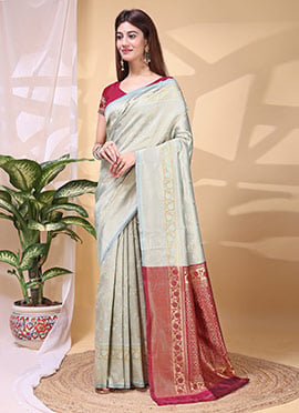 Sophisticated Grey Lichi Silk Jacquard Saree
