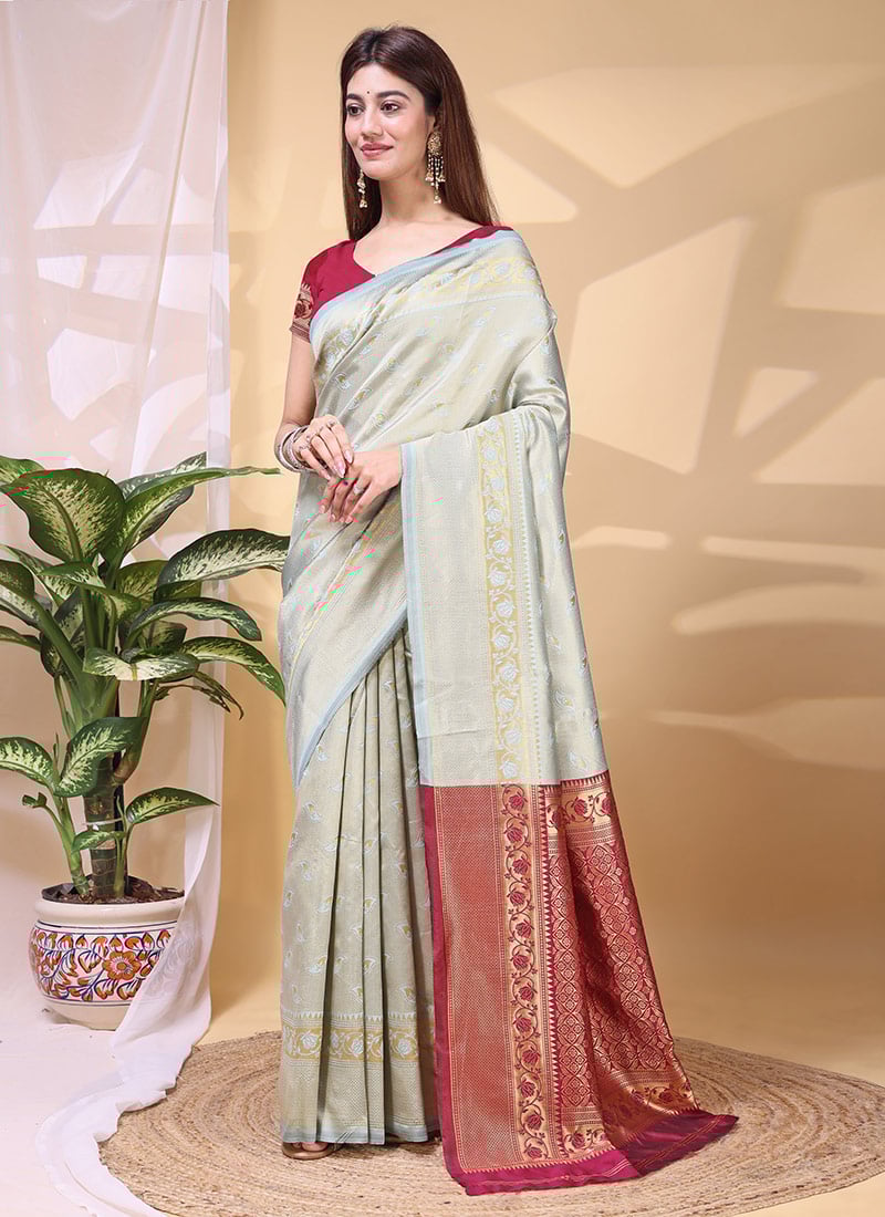 Sophisticated Grey Lichi Silk Jacquard Saree Festive Wear