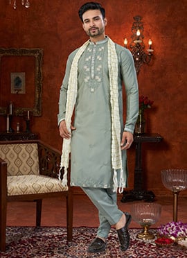 Sophisticated Grey Malai Silk Embroidered Cutdana Thread Kurta Pyjama