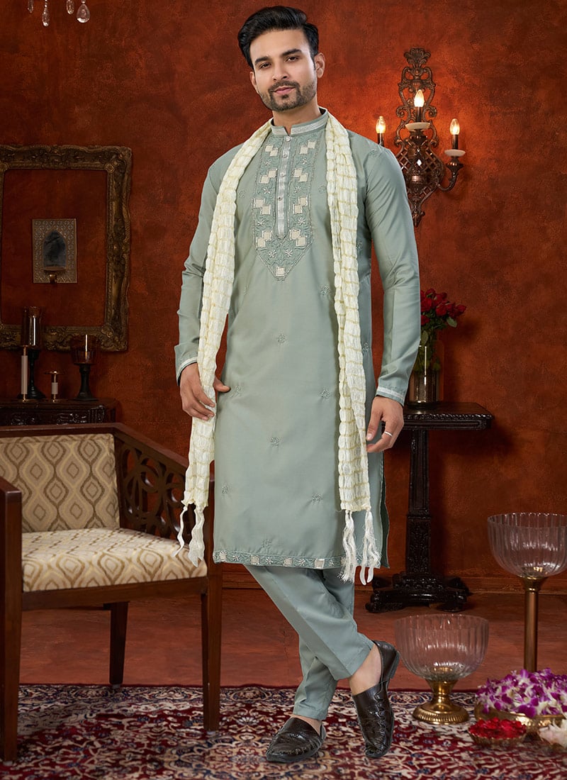Sophisticated Grey Malai Silk Embroidered Cutdana Thread Kurta Pyjama Festive Wear