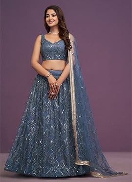 Sophisticated Grey Net Sequins Embroidered Mirror Work Thread Umbrella Lehenga