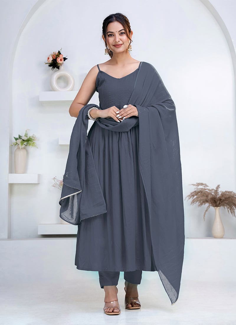 Sophisticated Grey Rayon Anarkali Suit After Six Wear