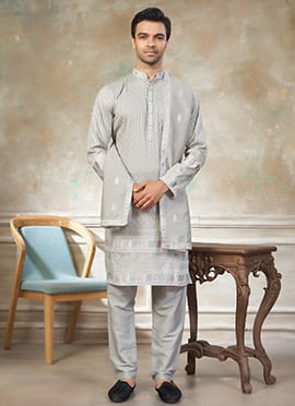 Sophisticated Grey Silk Embroidered Kurta Pyjama