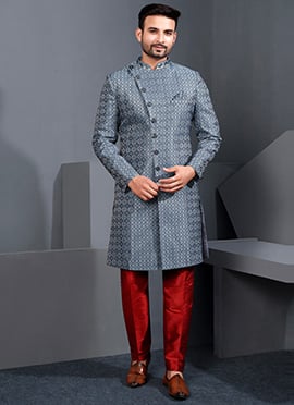 Sophisticated Grey Silk Zari Indowestern Sherwani