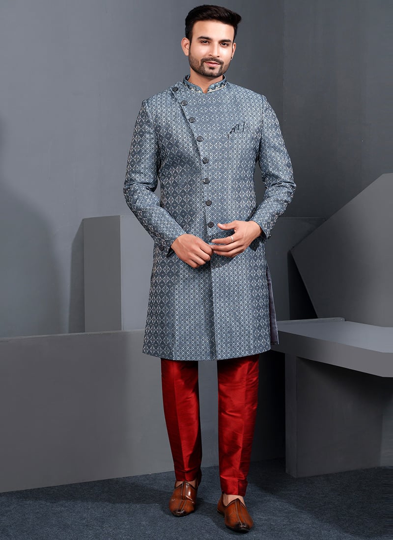 Sophisticated Grey Silk Zari Indowestern Sherwani Wedding Wear