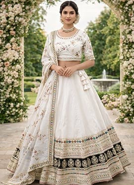 Sophisticated Ivory Silk Sequins Embroidered Umbrella Lehenga