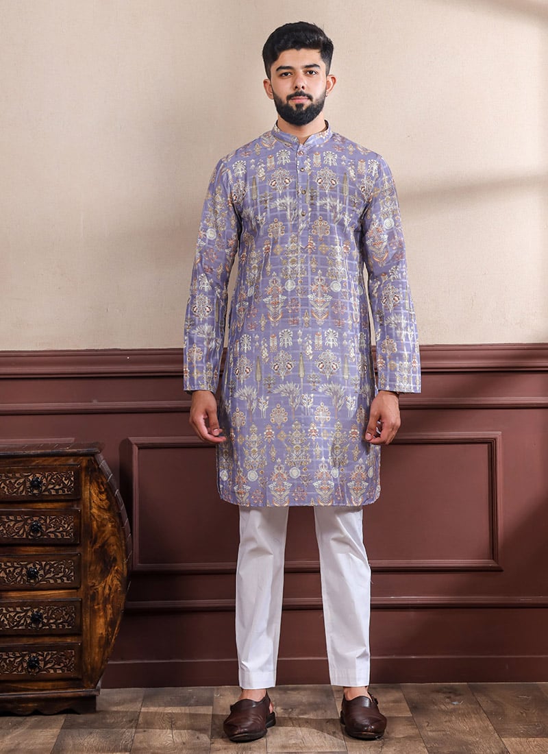 Sophisticated Lavender Cotton Printed Kurta Pyjama Festive Wear