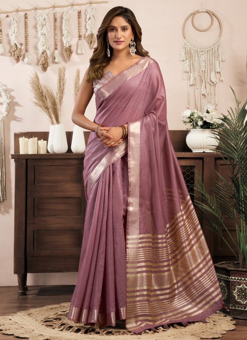 Sophisticated Lavender Khadi Cotton Zari Saree Festive Wear