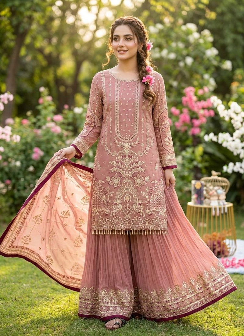 Sophisticated Light Pink Faux Georgette Embroidered Sequins Moti Palazzo Suit Festive Wear