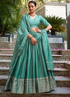 Sophisticated Light Teal Chanderi Silk Zari Umbrella Lehenga