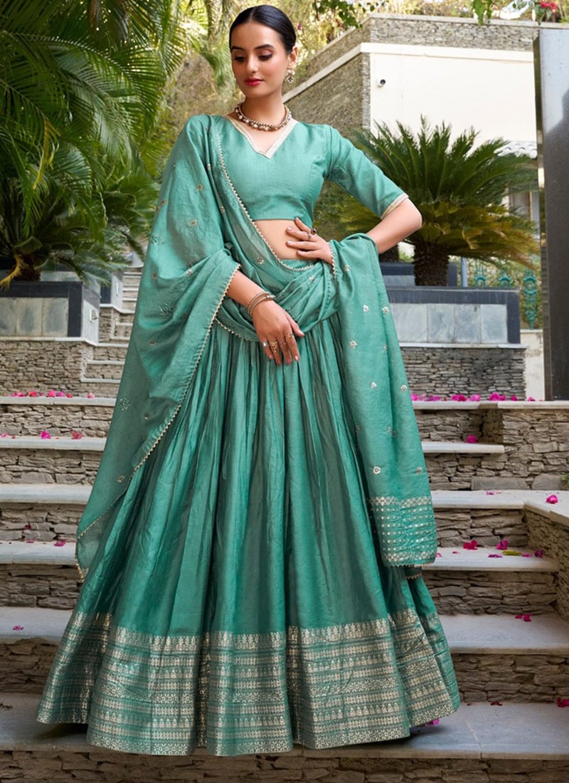 Sophisticated Light Teal Chanderi Silk Zari Umbrella Lehenga Festive Wear