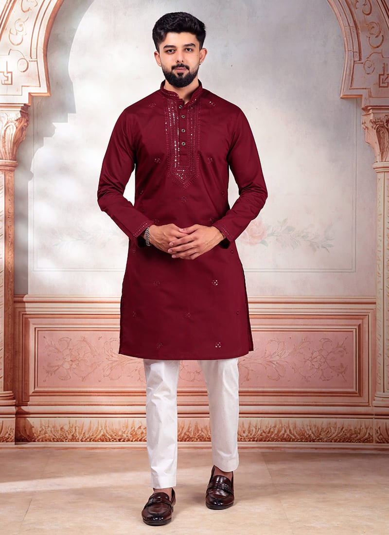 Sophisticated Maroon Cotton Embroidered Kurta Pyjama Festive Wear