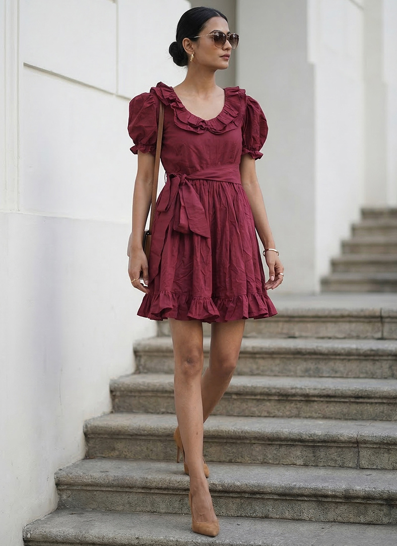 Sophisticated Maroon Cotton Fit And Flare Mini Dress After Six Wear