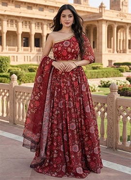 Sophisticated Maroon Soft Organza Floral Print Umbrella Lehenga