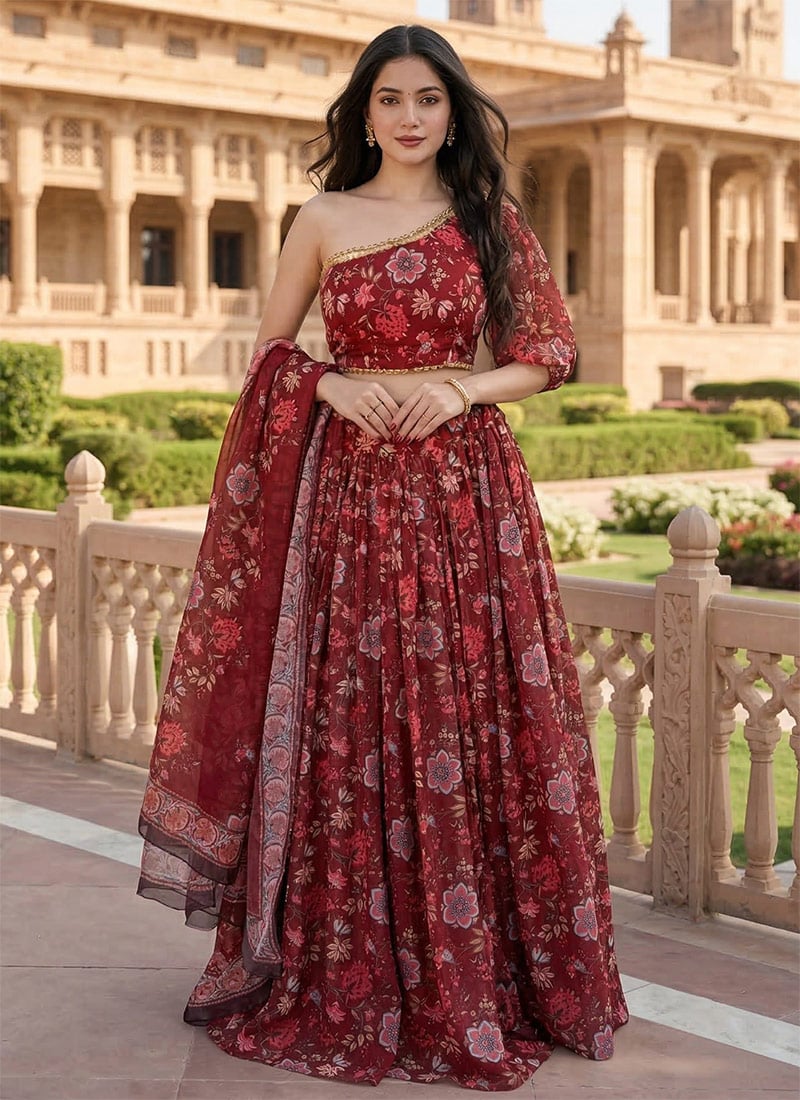 Sophisticated Maroon Soft Organza Floral Print Umbrella Lehenga Festive Wear