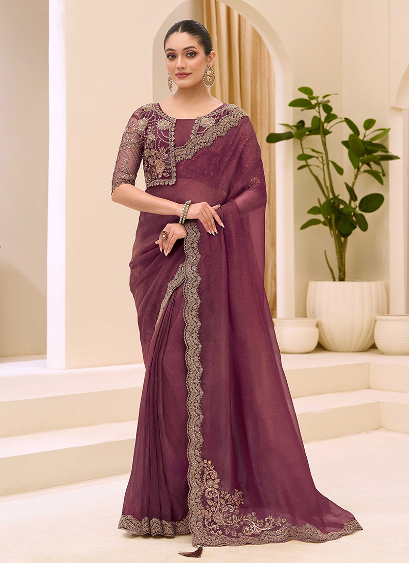 Sophisticated Mauve Georgette Embroidered Sequins Beads Thread Saree Wedding Wear