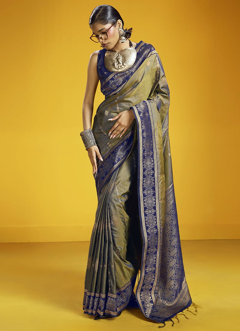 Sophisticated Mehendi Art Silk Handloom Zari Weaving Saree Festive Wear
